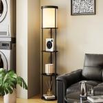 Golvlampa med Hyllor Svart MDF och Tyg för Vardagsrum Hylllampa med 3 Plan och Fjärrkontroll Dimbar Belysning Smart Design och Förvaring