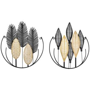 Väggdekoration i Metall 2-Pack, Moderna Konstverk med Bladmotiv, Elegant Väggprydnad i 3D för Vardagsrum, Svart/Guld, 40 x 46 cm