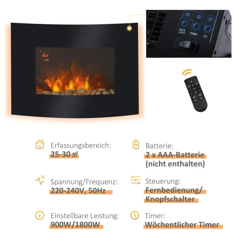 Elektrisk Väggkamin med LED-Flamma 65 x 11,4 x 52 cm