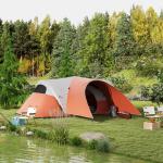 Tunneltält Familjetält Grön Grå av Polyester för Trädgård och Uteplats Vattenavvisande Campingtält för 6 Personer med Fönster