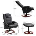 Snurrbar Massagestol med Pall, Bekväm Relaxfåtölj i Konstläder med Liggfunktion, Ergonomisk Vilostol för Vardagsrum, Svart, 73 x 83 x 106 cm