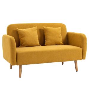 2-Sitsig Soffa med Fotstöd, Bekväm Loveseat i Sammet med Kuddar, Kompakt Tygsoffa i Unik Design, Natur/Gul