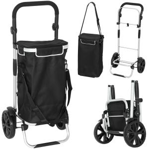 Dramatenvagn 3 i 1 Svart Tyg och Aluminium för Shopping Hopfällbar Shoppingvagn med Kylfack och Hjul Lättvikt 40 liter Robust och Smidig