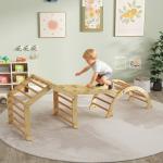 Klätterställning med Rittavla 9 i 1 Natur Trä för Barnrum Stor Aktivitetsleksak med Rutschkana och Stege Montessori Inspirerad Lekplats Inomhus