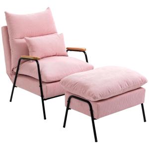 Öronlappsfåtölj med Pall, Bekväm Relaxstol med Fällbart Ryggstöd, Elegant Vilostol i Rosa Tyg, Rosa, 68 x 91,5 x 88 cm