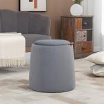 Rund Sittpuff med Förvaring, Klädd Ottoman i Sammet med Vändbart Lock, Fungerar som Sidobord, Grå, 44 x 47,5 cm