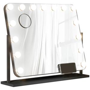 LED-sminkspegel med 3 Ljuslägen, Dimbar, Pekkontroll och USB, Svart, 62,5 x 49,5 cm