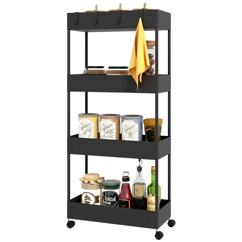 Köksvagn 4 Hyllor 4 Flexibla Krokar 4 40x19x90 cm, Svart