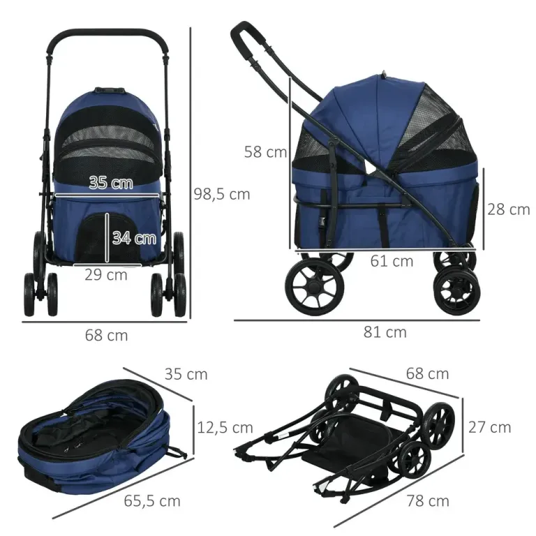 Hundvagn 2-i-1 Vagn Mörkblå av Tyg 81 x 68 x 98,5 cm