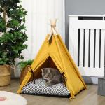Tipi-Tält för Katt och Hund, Mysig Sovplats med Dyna och Leksak, Rolig Koja för Inomhusbruk, Gul/Natur