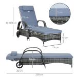 Mobil Solsäng i Konstrotting, Justerbar Solstol på Hjul med Bekväm Dyna, Väderbeständig Design för Trädgård och Pool, Grå, 200 x 73 x 30-103 cm