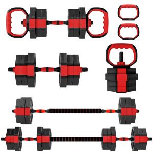 Hantelset 6 i 1 Justerbart Röd Kompositmaterial för Hemmaträning 20 kg Viktsats med Skivstångsfunktion och Kettlebellgrepp Mångsidig Utrustning