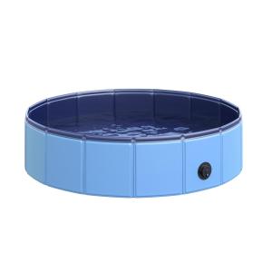 Hundbassäng Plaskdamm Blå PVC och Trä för Hundar Robust Pool Halkfri Botten 80 X 20 Cm