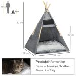 Tipi-Tält för Hund och Katt, Mysigt Djurhus i Filt med Mjuk Plyschkudde, Tvättbar Sovplats för Husdjur, Grå, 58 x 58 x 80 cm