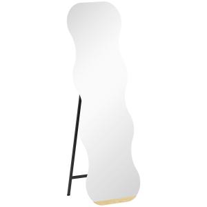Ramlös Fullängdsspegel med Träfot, Flexibel Montering och Vågformad Design, Svart