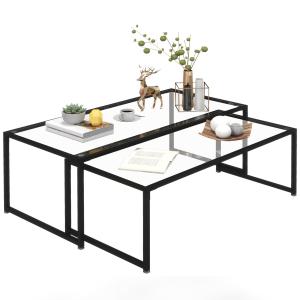 Set med 2 Soffbord i Glas, Pulverlackerat Stål, Svart + Transparent