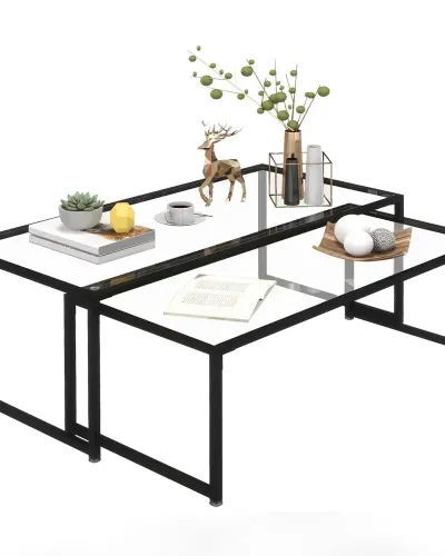Set 2 Soffbord i Glas Pulverlackerat Stål Svart +