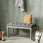 Klädd Sittbänk i Vintage-Stil, Elegant Bänk med Knappstoppning och Träben, Bekväm Sittplats för Hall och Matsal, Grå, 142 x 47 x 51 cm