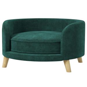 Hundsoffa Husdjurssoffa Grön av Sammetslook och Trä för Husdjur Upphöjd Design med Kuddar och Träben Bekväm