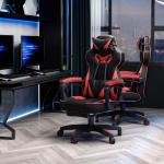 Ergonomisk Gamingstol med Utfällbart Fotstöd och Justerbart Ryggstöd, Skum, PU-läder och Metall, Svart + Röd, 65 x 70 x 118,5–128,5 cm