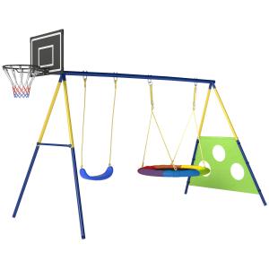 Gungställning 4 i 1 Flerfärgad Metall för Barn Gungset med Kompisgunga Basketkorg och Fotbollsmål Robust 288x160x220 cm