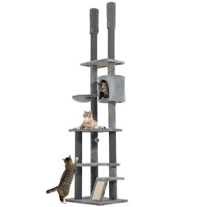 Klösträd Takhög Grå av Sisal och Plysch för Katter Skrapstolpe med Kattgrotta och Korg 225-255 cm