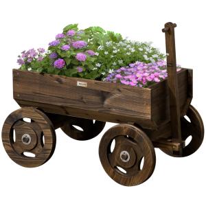 Odlingsvagn i Trä, Dekorativ Planteringslåda på Hjul, Unik Design för Trädgård och Terrass, Förkolnad, 120 x 53 x 55 cm