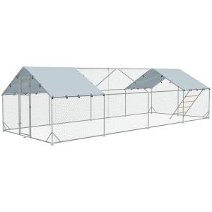 Hönshus Hönsgård Frigående Bur Silver av Galvaniserat Stål för 24-30 Kycklingar Utehus med Foderlucka 300 x 800 x 195 cm