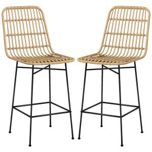 Barstolar Köksstolar Set om 2 Natur Svart av Rotting och Stål för Bar Boho Stil med Ryggstöd Lastkapacitet 120 kg 45 x 53,5 x 105 cm