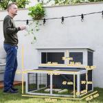 Kaninbur Smådjursbur 2 Våningar Grå av Massivt Trä för Kaniner Vintertätt Hus med Fällbart Tak och Utomhusinhägnad 122 x 95 x 93,5 cm