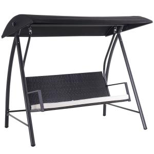 Hammock med Justerbart Tak 3-Sits Trädgårdsgunga med Dyna Konstrotting Stabil Konstruktion Svart 198 X 124 X 179 Cm