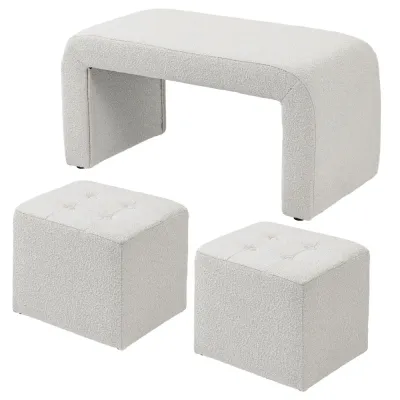 Fotpall Ottoman Set om 3 Vit av Tyg och Trä Stoppad Pall