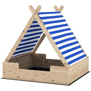 Sandlåda Träsandlåda med Tälttak Natur av Trä och Tyg för Barn 3-6 År Sandlåda med Markduk 120 x 120 cm