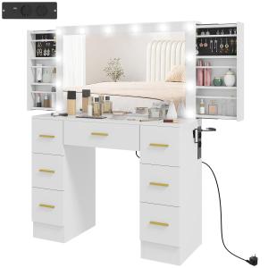 Sminkbord med Spegel, 12 LED-lampor, 7 Lådor och 6 Dolda Förvaringsfack i Spånskiva, Vit