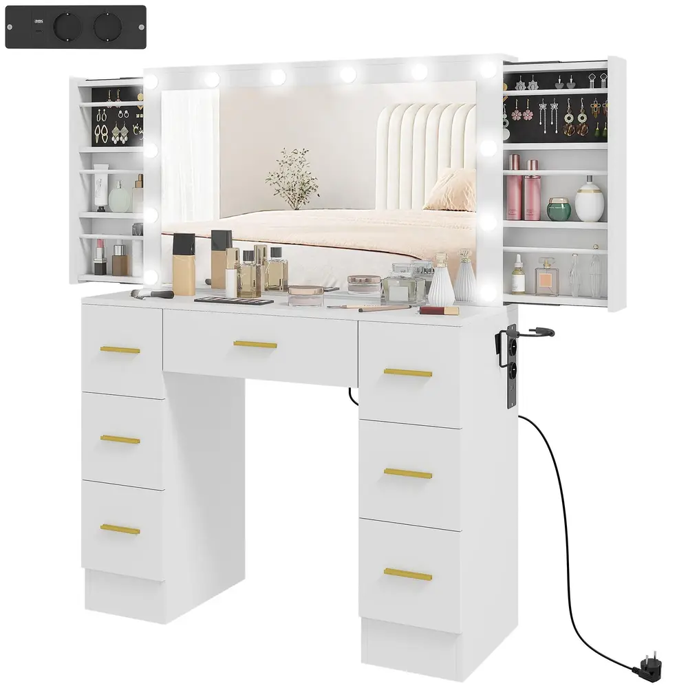 Sminkbord med Spegel 12 LED-Lampor 7 Lådor 6 Dolda, Vit