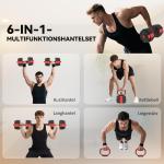 Hantelset Justerbart 25 kg Röd Plast och Metall för Hemmagym 6 i 1 Träningsset med Skivstång och Kettlebell Funktionell Styrketräning Mångsidig