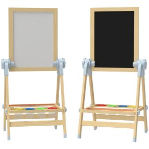 Staffli Barn Dubbelsidig Naturfärgad Trä för Målning Whiteboard och Griffeltavla Höj- och Sänkbar med Pappersrulle Praktisk Hylla