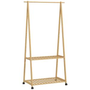 Klädställ med 2 Nedre Hyllor och 67 cm Klädstång i Bambu med Hjul, Naturligt
