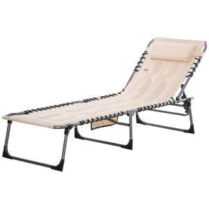 Solstol Solsäng Hopfällbar Beige av Tyg och Metall för Trädgård och Strand Väderbeständig Säng med Sidficka 130 kg