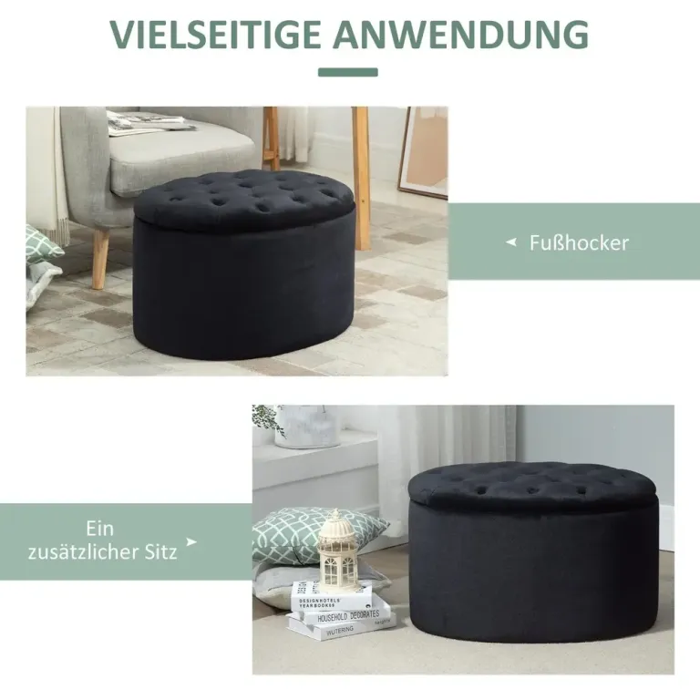 Oval Sittbänk med Förvaring i Sammet Svart
