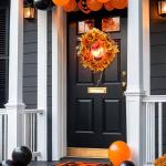 Halloweenkrans med Grusel Pumpadesign och Höstlöv samt Ljuseffekter för Dekoration Hållbar och Prisvärd Flerfärgad Plast och Tyg