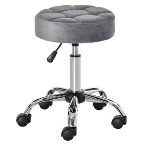 Ergonomisk Rullpall med Ryggstöd, Justerbar Snurrpall för Arbete och Skönhetsvård, Bekväm Sits i Sammet för Frisör och Klinik, Grå, 35 x 35 x 49-61 cm