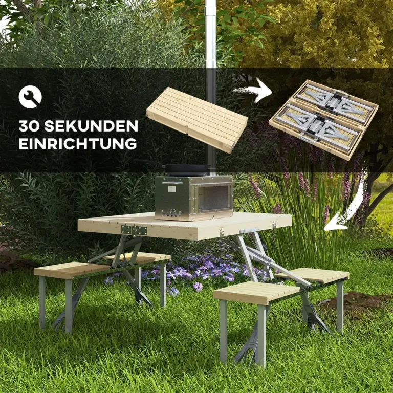 Hopfällbart Picknickbord i Gran med 4 Sittplatser, Natur