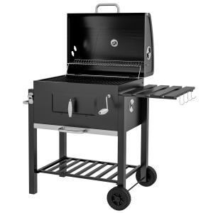 Grillvagn Kolgrill Svart av Rostfritt Stål och Metall för Trädgård och Terrass Stående BBQ Grill med Hylla 113 x 65 x 108 cm
