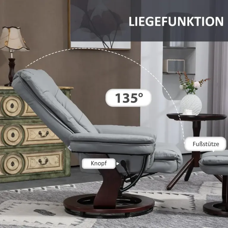 Relaxfåtölj Vilstol med Pall och Liggfunktion Grå