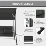 Hammock Trädgårdsgunga 3-Sits Svart av Tyg och Metall för Trädgård och Terrass Gunga med Soffbord 300 kg 271 x 125 x 177 cm