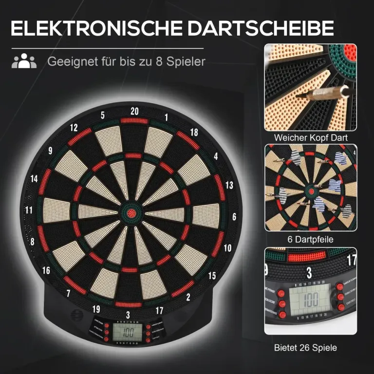 Elektronisk Darttavla för 8 Spelare med 6 Pilar, Svart