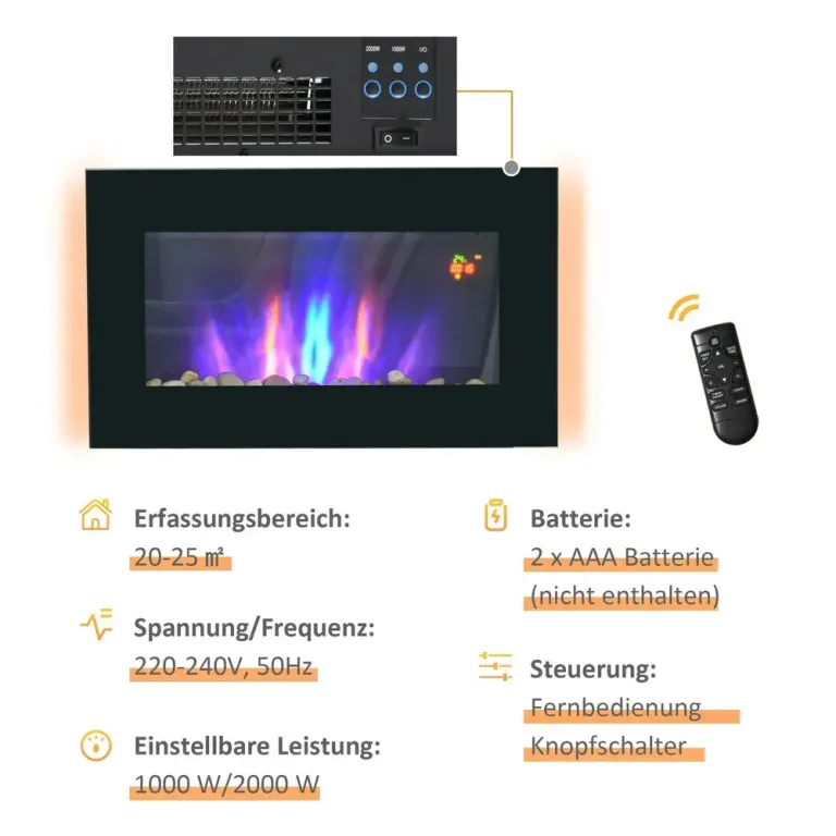 Elektrisk Väggkamin med LED-Flamma 2000 w, Svart