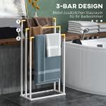 Handduksställ Badrumsställ Vit av Stål och Bambu för Badrum Fristående med 3 Handduksstänger Modern Design