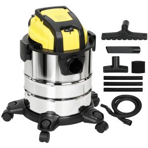 Grovdammsugare Våt och Torr Silver Rostfritt Stål för Garage och Verkstad Industridammsugare med 20 L Tank och Hjul Kraftfull Sugförmåga